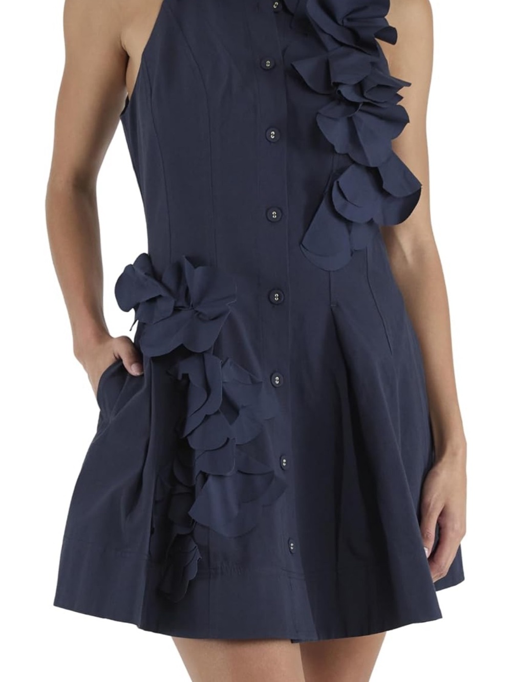 Ramy Brook Navy Ruffle-Trim Button Front Mini Dress